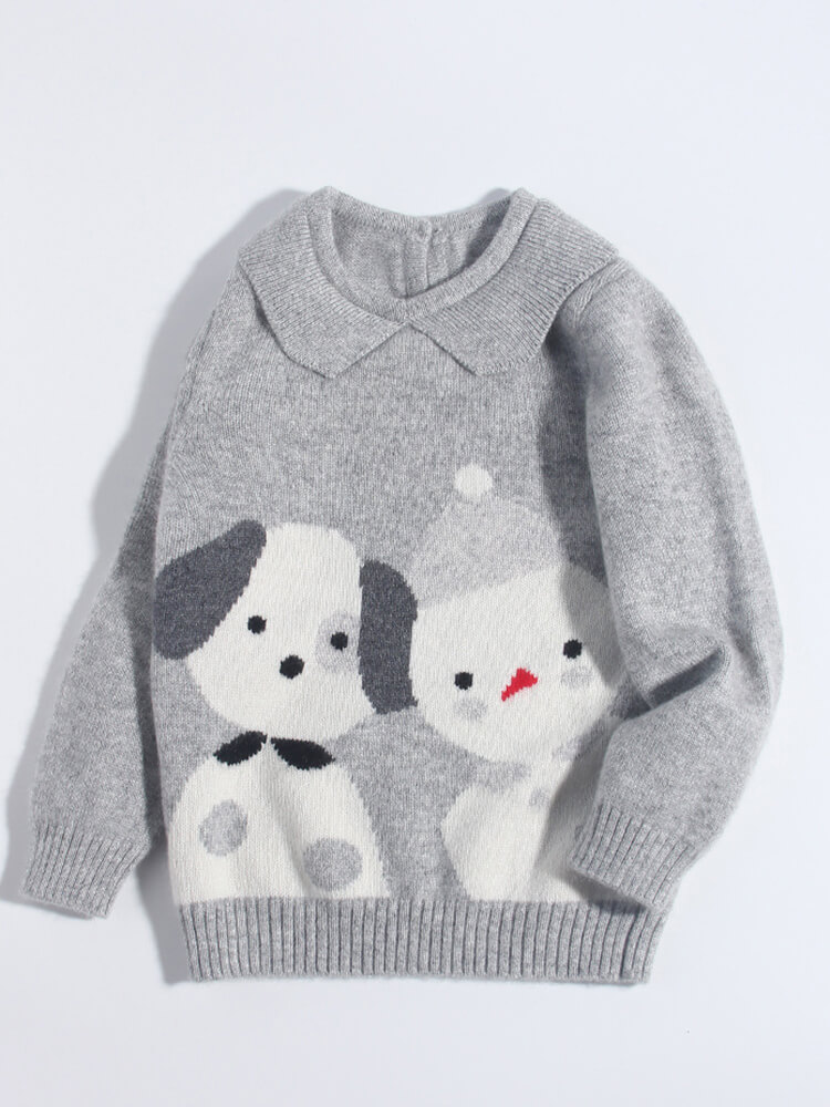 Kids Heather Grey Cashmere Sweater with Dog and Snowman Pattern